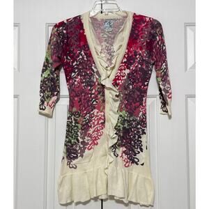 Tabitha Anthropologie Printed Ruffle Front Long Cardigan, Size S